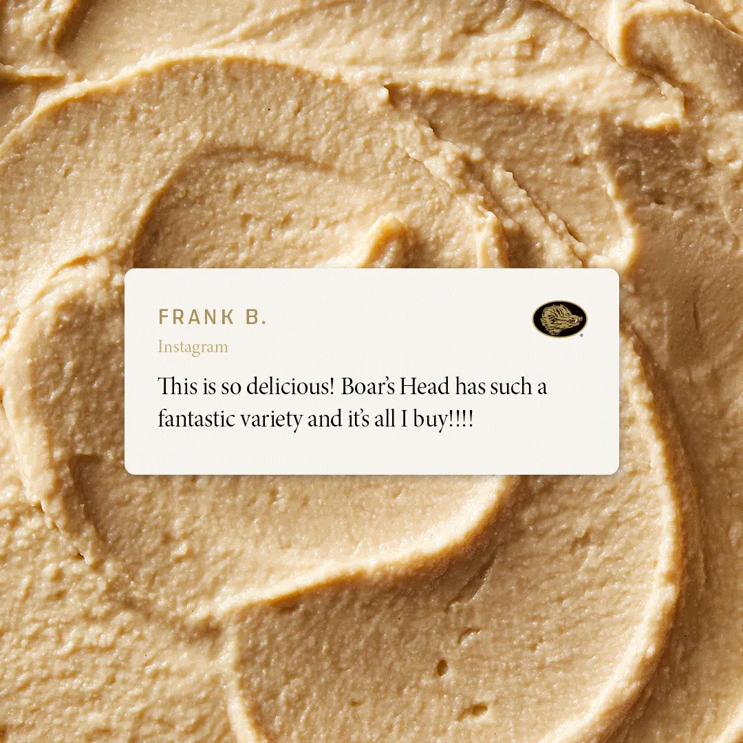 Product testimonial featuring various hummus flavors.
