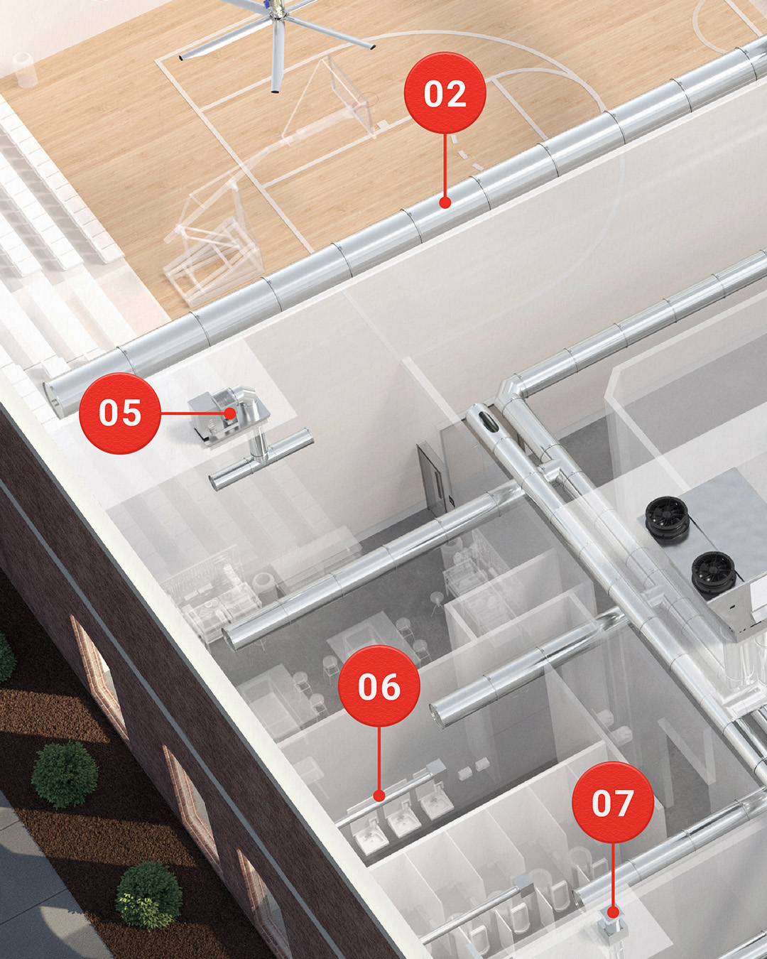 Detailed closeup of HVAC utilities within product map render.