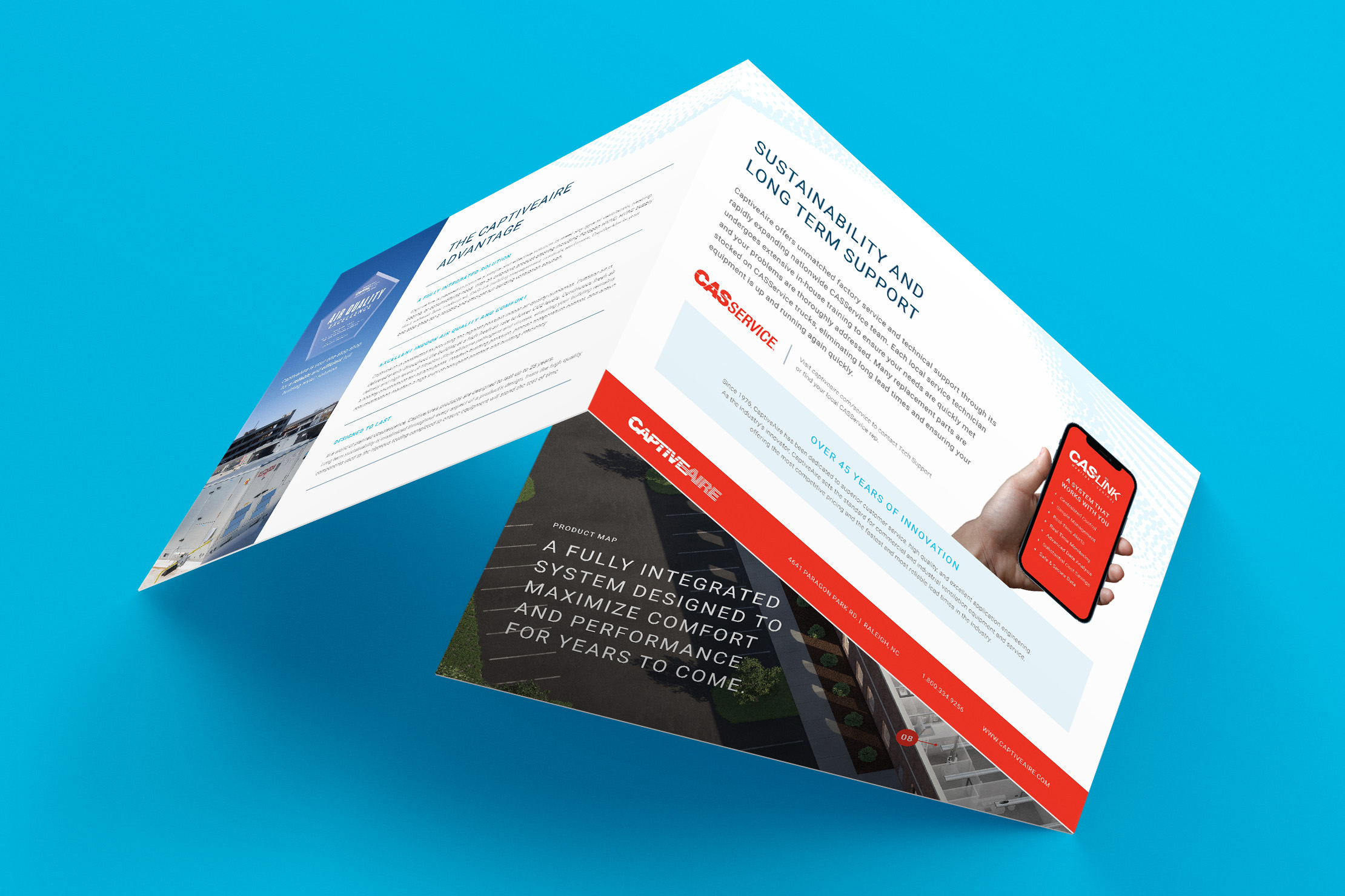 Brochure back cover featuring CaptiveAire's mobile CASService.