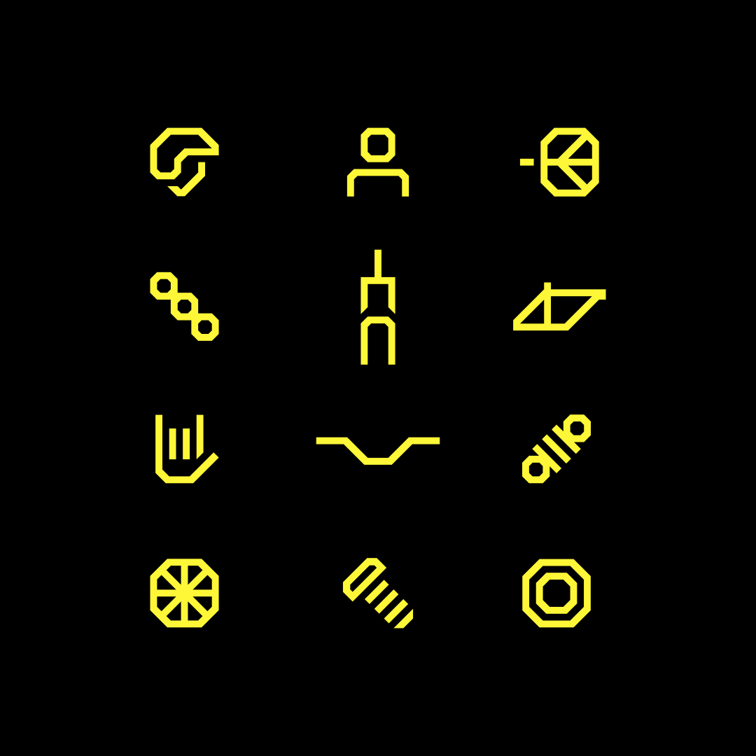 Neon yellow icons of various bicycle components and gear.