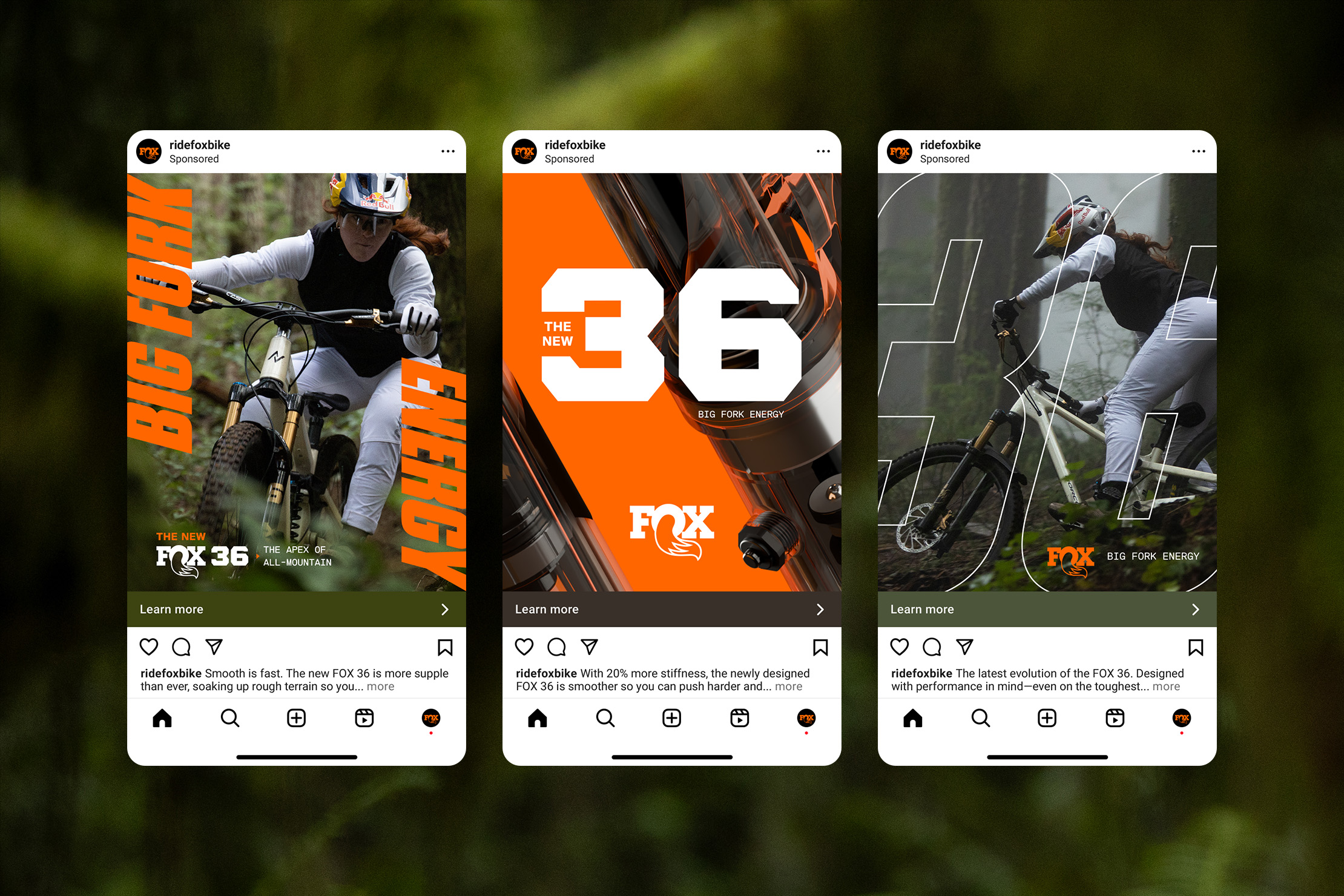Paid social media ads featuring the new FOX 36 fork.