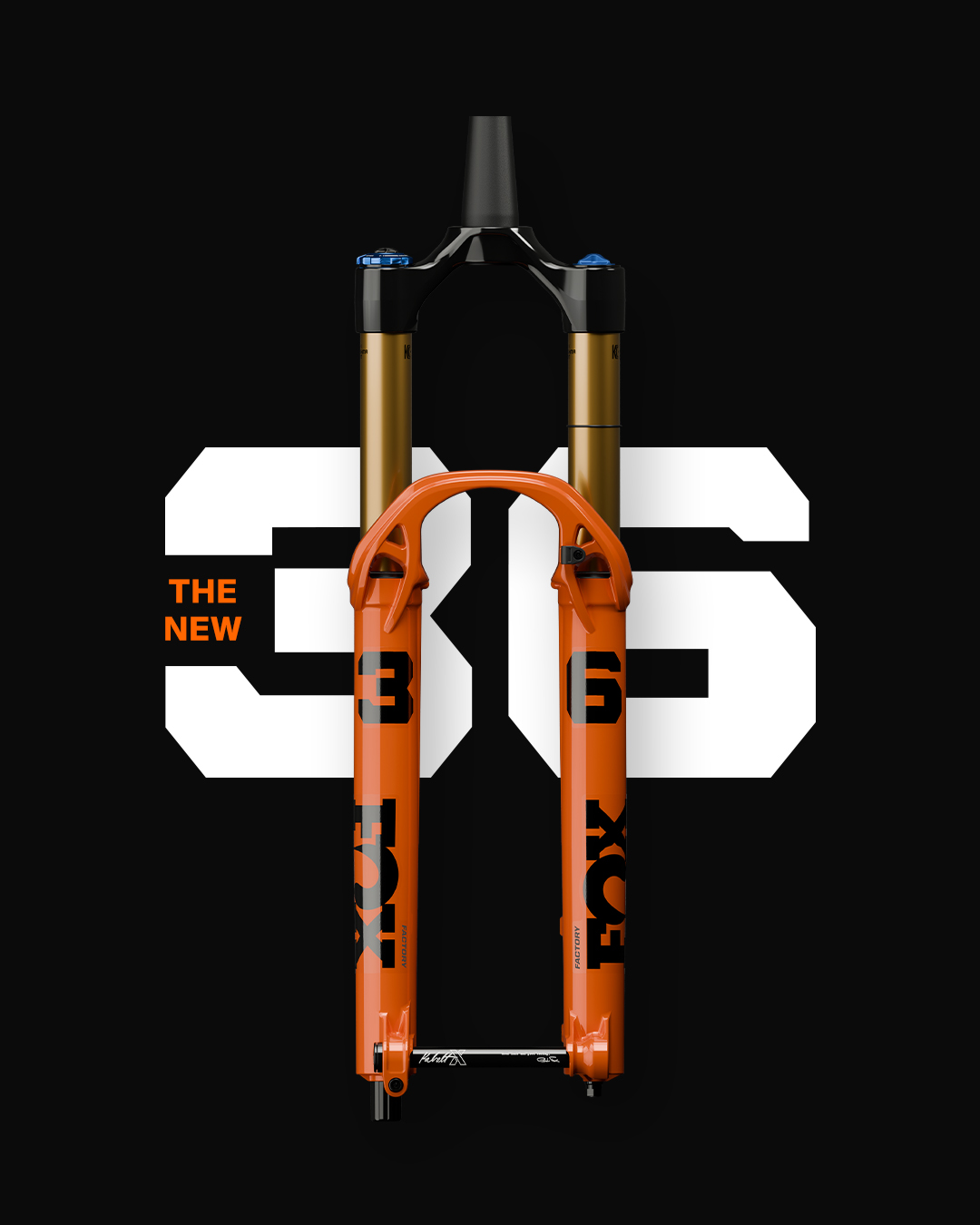 Product render of an orange FOX Factory 36 fork.