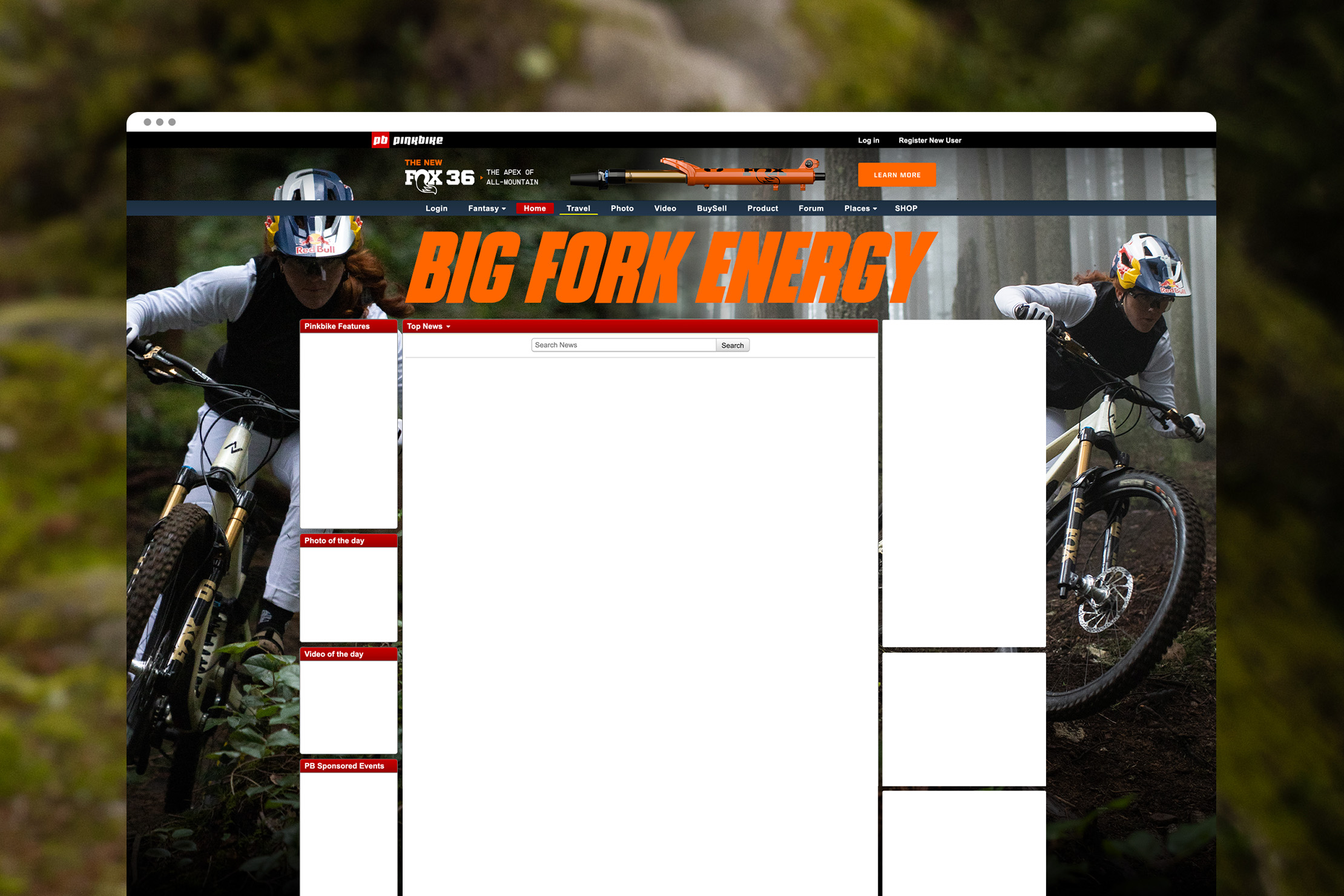 Pinkbike landing page takeover for the FOX 36 fork.